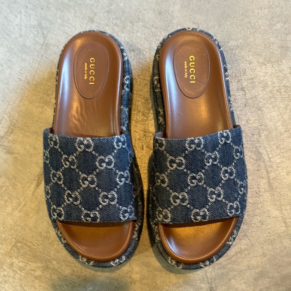 Gucci Shoes - Brand new Gucci monogram denim platform slides